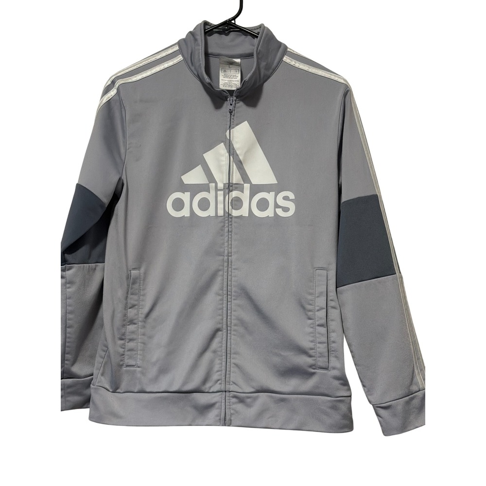 Adidas Boys Grey Full Zip Track Jacket Size L 14/16 White Logo Three Stripe